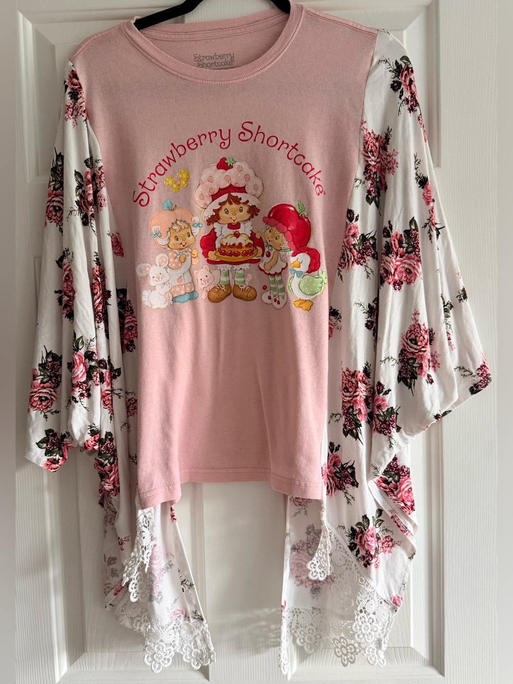 Strawberry Shortcake Custom Upcycled Graphic Tee Poncho Kimono Sleeve OSFM BOHO